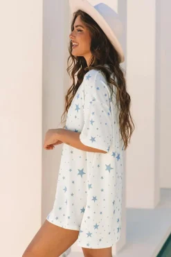 Best Dear-Lover Stars Print Drop Shoulder Oversized T Shirt with Slits Sky Blue