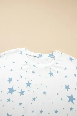 Best Dear-Lover Stars Print Drop Shoulder Oversized T Shirt with Slits Sky Blue