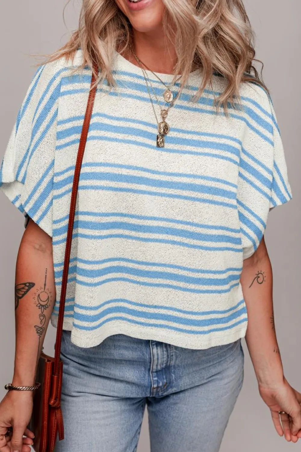 Fashion Dear-Lover Boxy Fit Wide Sleeve Sweater T Shirt Sky Blue Stripe