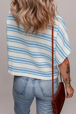 Fashion Dear-Lover Boxy Fit Wide Sleeve Sweater T Shirt Sky Blue Stripe