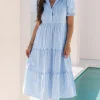 Best Dear-Lover Bubble Short Sleeve Tiered Scallop Long Dress Sky Blue Stripe