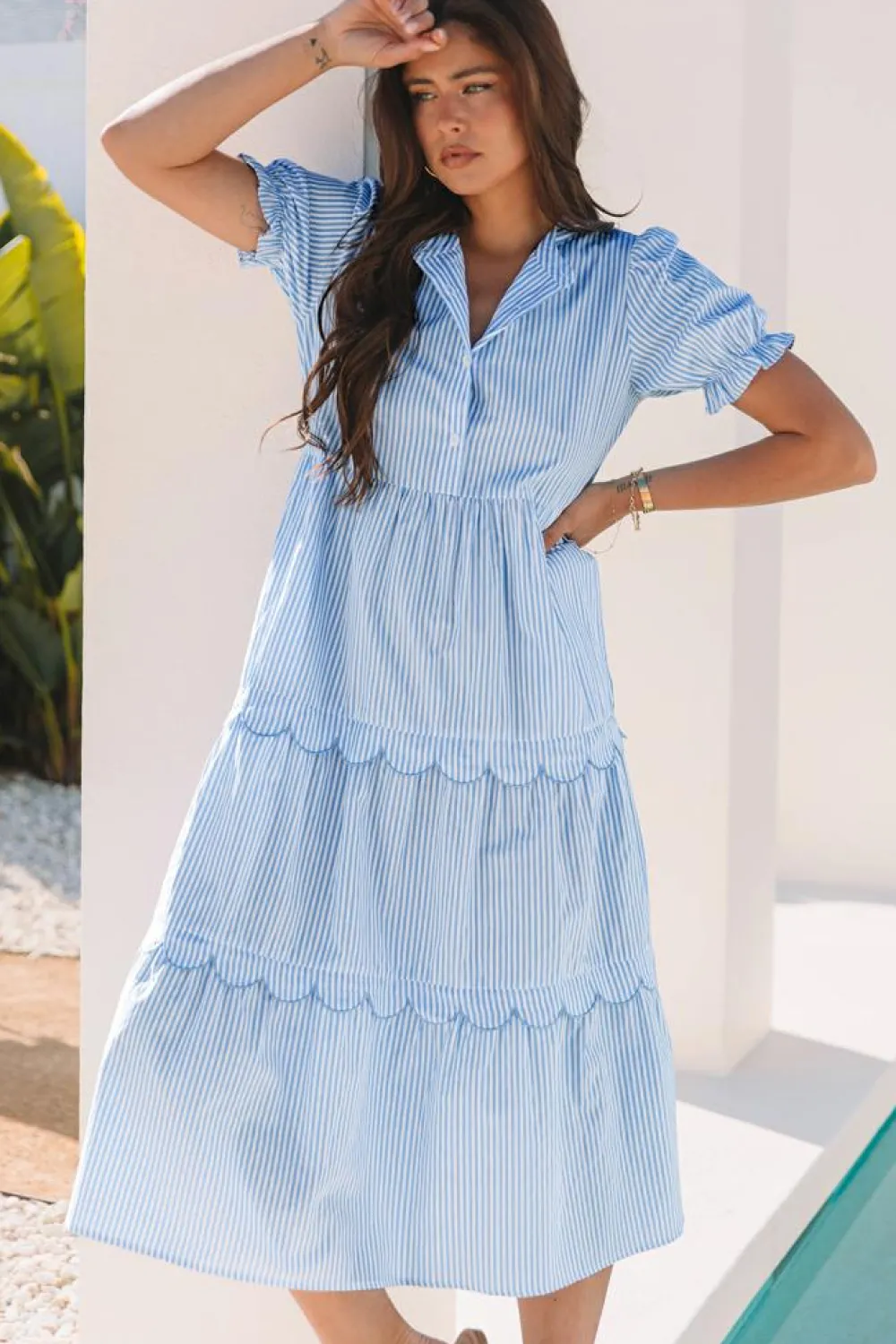 Best Dear-Lover Bubble Short Sleeve Tiered Scallop Long Dress Sky Blue Stripe