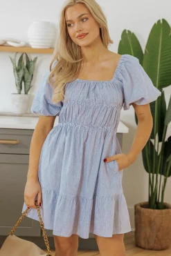 New Dear-Lover Bubble Sleeve Square Neck Ruched Pocketed Babydoll Dress Sky Blue Stripe