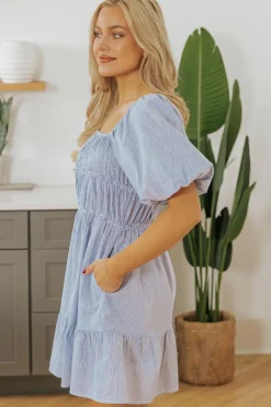 New Dear-Lover Bubble Sleeve Square Neck Ruched Pocketed Babydoll Dress Sky Blue Stripe