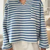 Fashion Dear-Lover Chest Pocket Buttoned Back Notched V Neck Top Sky Blue Stripe