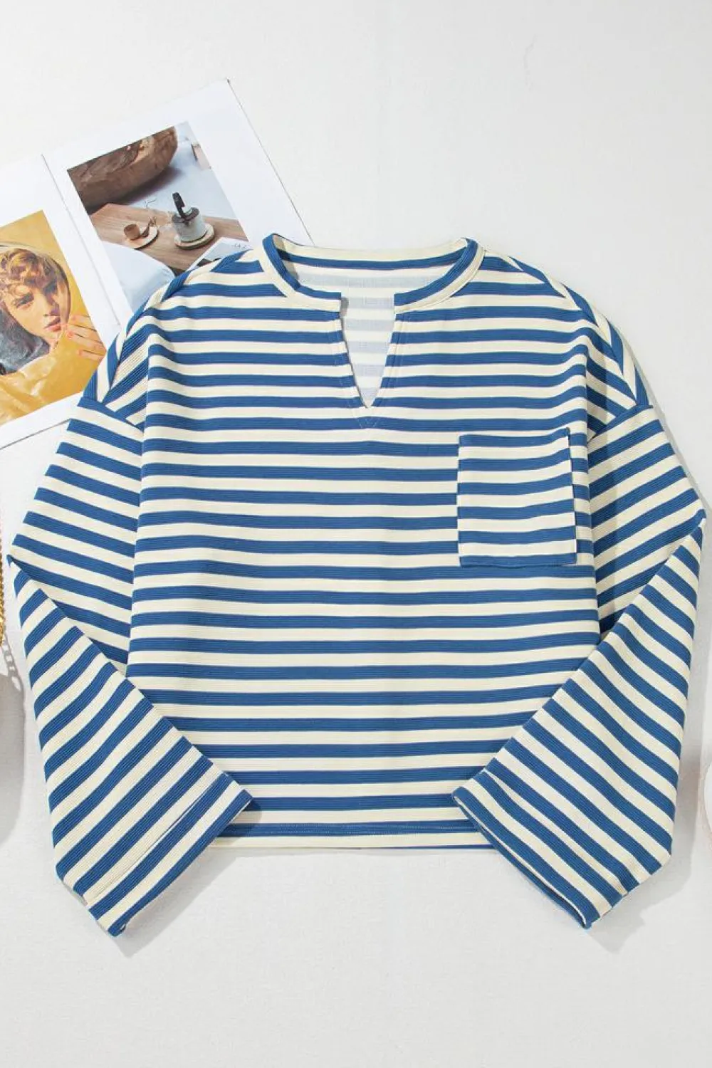 Fashion Dear-Lover Chest Pocket Buttoned Back Notched V Neck Top Sky Blue Stripe