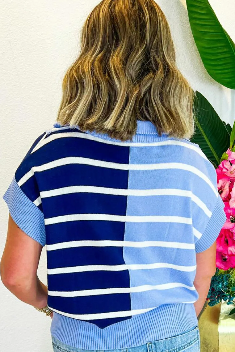 Best Dear-Lover Colorblock Quarter Zip Collar Sweater Vest Sky Blue Stripe