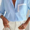 Outlet Dear-Lover Contrast Patch Pocket Cuffed Sleeve Casual Shirt Sky Blue Stripe