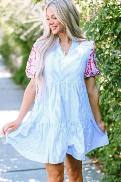 Discount Dear-Lover Contrast Floral Puff Sleeve Tiered Ruffle Dress Sky Blue Stripe