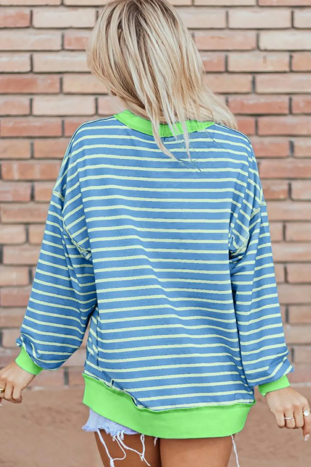 Sale Dear-Lover Contrast Trim High Low Pullover Tunic Sweatshirt Sky Blue Stripe