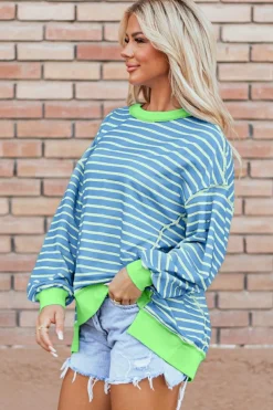 Sale Dear-Lover Contrast Trim High Low Pullover Tunic Sweatshirt Sky Blue Stripe