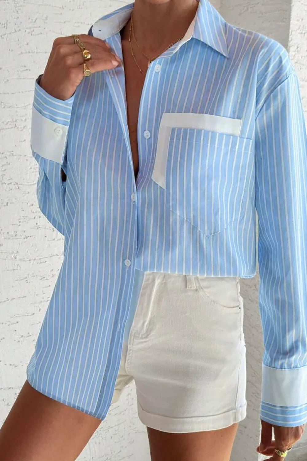 Outlet Dear-Lover Contrast Patch Pocket Cuffed Sleeve Casual Shirt Sky Blue Stripe