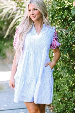 Discount Dear-Lover Contrast Floral Puff Sleeve Tiered Ruffle Dress Sky Blue Stripe