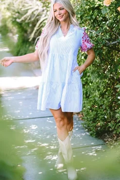 Discount Dear-Lover Contrast Floral Puff Sleeve Tiered Ruffle Dress Sky Blue Stripe