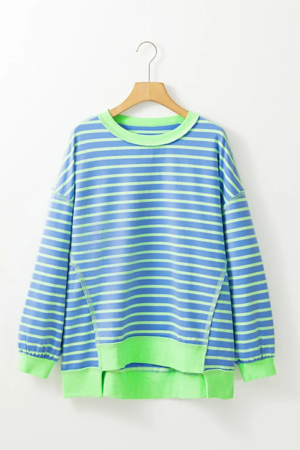 Sale Dear-Lover Contrast Trim High Low Pullover Tunic Sweatshirt Sky Blue Stripe