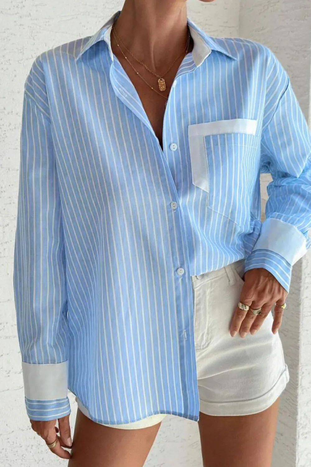 Outlet Dear-Lover Contrast Patch Pocket Cuffed Sleeve Casual Shirt Sky Blue Stripe