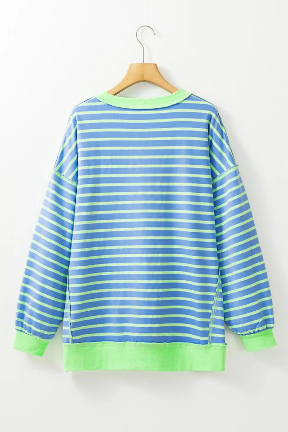 Sale Dear-Lover Contrast Trim High Low Pullover Tunic Sweatshirt Sky Blue Stripe