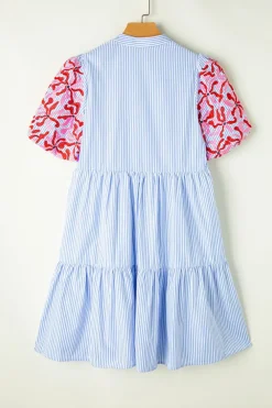 Discount Dear-Lover Contrast Floral Puff Sleeve Tiered Ruffle Dress Sky Blue Stripe