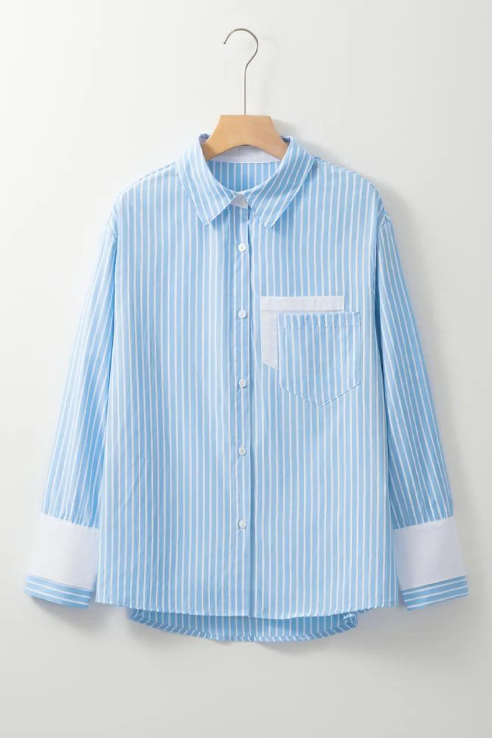 Outlet Dear-Lover Contrast Patch Pocket Cuffed Sleeve Casual Shirt Sky Blue Stripe