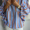 Fashion Dear-Lover Crinckled Ruffled Sleeve Button up Loose Shirt Sky Blue Stripe