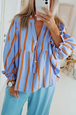 Fashion Dear-Lover Crinckled Ruffled Sleeve Button up Loose Shirt Sky Blue Stripe
