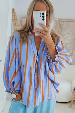 Fashion Dear-Lover Crinckled Ruffled Sleeve Button up Loose Shirt Sky Blue Stripe