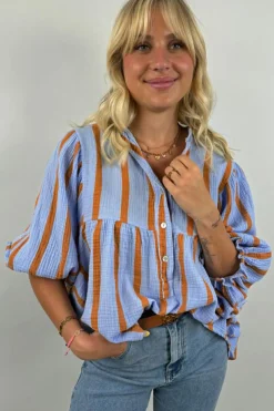 Fashion Dear-Lover Crinckled Ruffled Sleeve Button up Loose Shirt Sky Blue Stripe