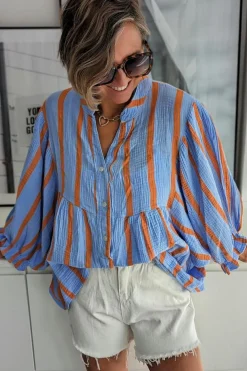 Fashion Dear-Lover Crinckled Ruffled Sleeve Button up Loose Shirt Sky Blue Stripe