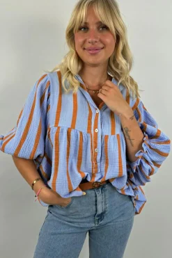 Fashion Dear-Lover Crinckled Ruffled Sleeve Button up Loose Shirt Sky Blue Stripe