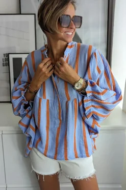 Fashion Dear-Lover Crinckled Ruffled Sleeve Button up Loose Shirt Sky Blue Stripe