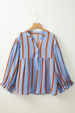Fashion Dear-Lover Crinckled Ruffled Sleeve Button up Loose Shirt Sky Blue Stripe