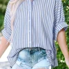 Best Dear-Lover Dolman Sleeve Oversize Shirt Sky Blue Stripe
