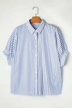 Best Dear-Lover Dolman Sleeve Oversize Shirt Sky Blue Stripe