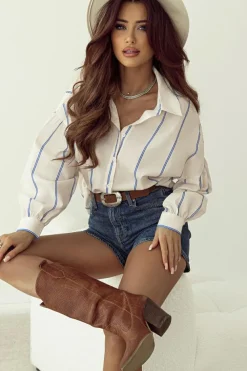 Best Dear-Lover Drop Shoulder Bubble Sleeve Loose Shirt Sky Blue Stripe