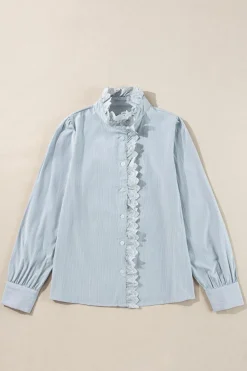 Outlet Dear-Lover Frilled Trim Button Up Long Sleeve Shirt Sky Blue Stripe