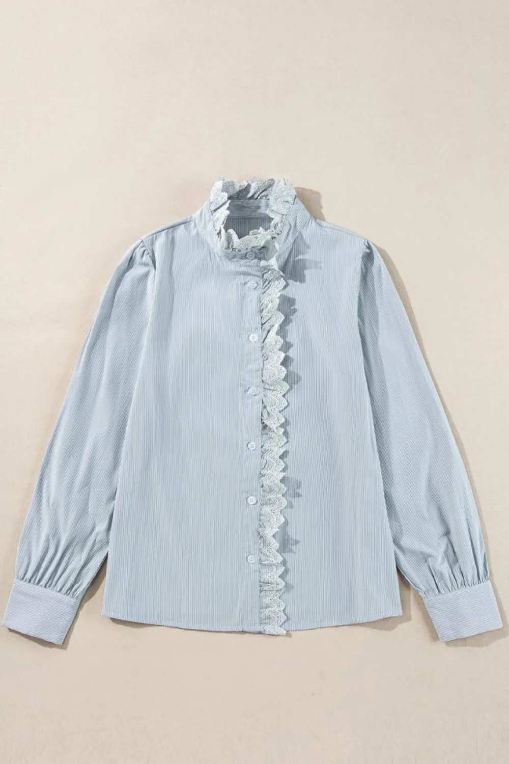 Outlet Dear-Lover Frilled Trim Button Up Long Sleeve Shirt Sky Blue Stripe
