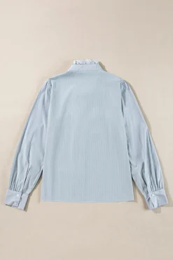 Outlet Dear-Lover Frilled Trim Button Up Long Sleeve Shirt Sky Blue Stripe