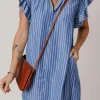 Hot Dear-Lover Frilly Split Neck Shirred Ruffle Sleeve Short Shift Dress Sky Blue Stripe