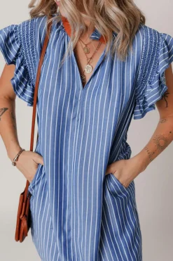 Hot Dear-Lover Frilly Split Neck Shirred Ruffle Sleeve Short Shift Dress Sky Blue Stripe