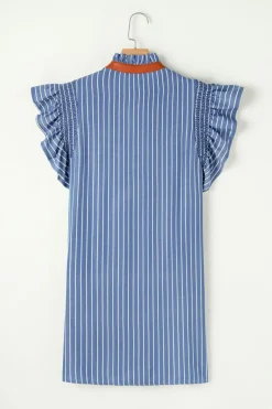 Hot Dear-Lover Frilly Split Neck Shirred Ruffle Sleeve Short Shift Dress Sky Blue Stripe
