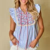 Discount Dear-Lover Geo Pattern Embroidered Tassel Flutter Blouse Sky Blue Stripe