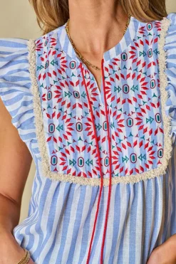 Discount Dear-Lover Geo Pattern Embroidered Tassel Flutter Blouse Sky Blue Stripe