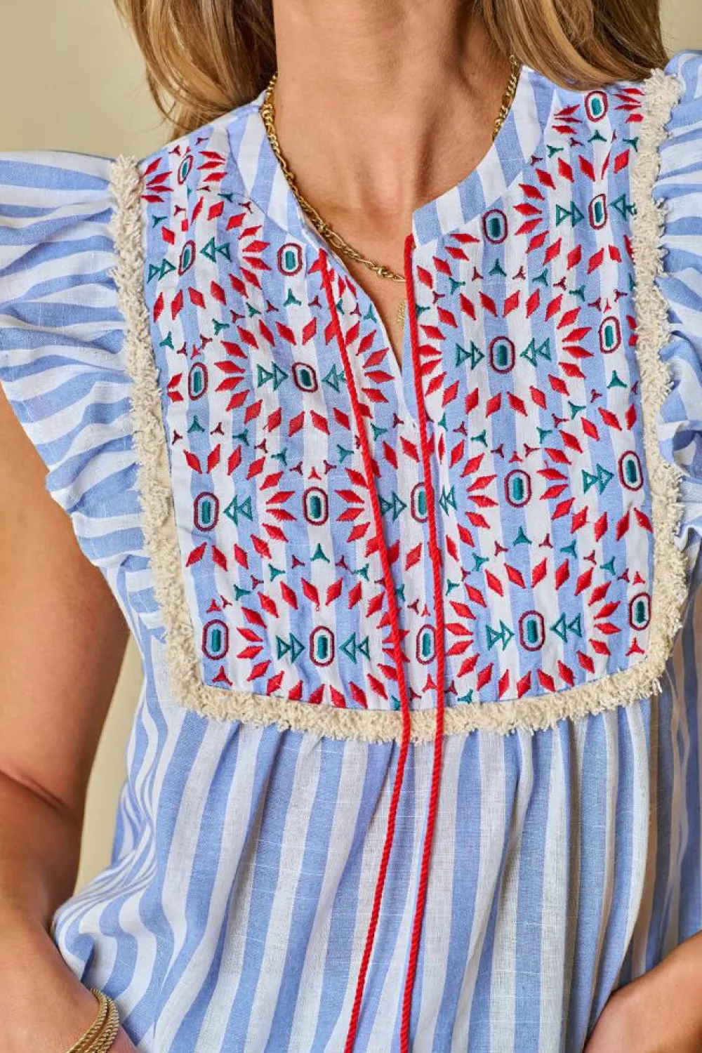 Discount Dear-Lover Geo Pattern Embroidered Tassel Flutter Blouse Sky Blue Stripe