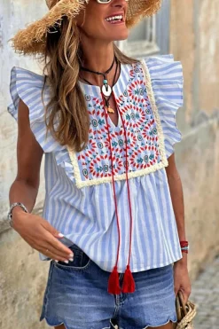Discount Dear-Lover Geo Pattern Embroidered Tassel Flutter Blouse Sky Blue Stripe