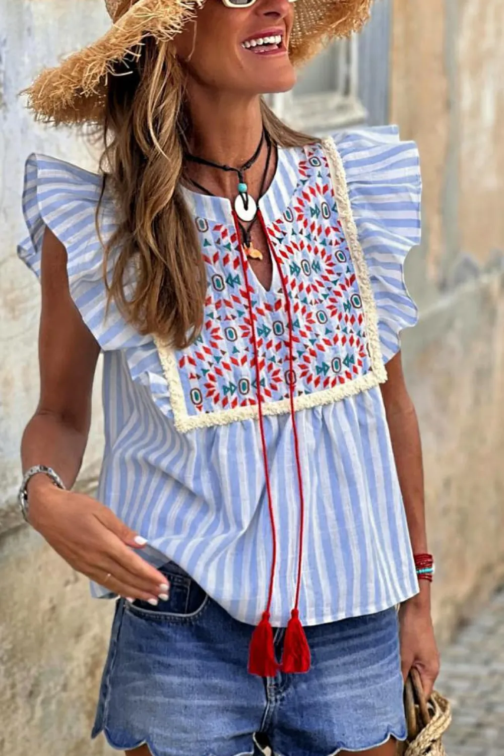 Discount Dear-Lover Geo Pattern Embroidered Tassel Flutter Blouse Sky Blue Stripe