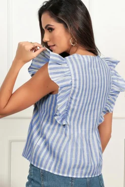 Discount Dear-Lover Geo Pattern Embroidered Tassel Flutter Blouse Sky Blue Stripe