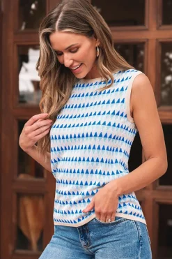 Fashion Dear-Lover Geometric Print Round Neck Slim Fit Sweater Vest Sky Blue Stripe