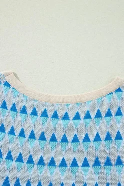 Fashion Dear-Lover Geometric Print Round Neck Slim Fit Sweater Vest Sky Blue Stripe