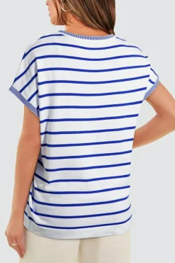 Online Dear-Lover Knitted Bat Sleeve T Shirt Sky Blue Stripe