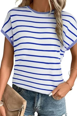 Online Dear-Lover Knitted Bat Sleeve T Shirt Sky Blue Stripe